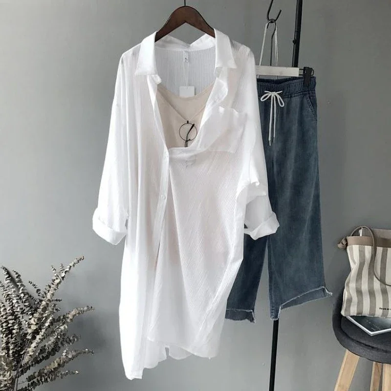 White Shirts for Women Thin Spring Summer Clothing All-match Breathable Casual Girls Beauty Tops Loose Korean Style Solid Design