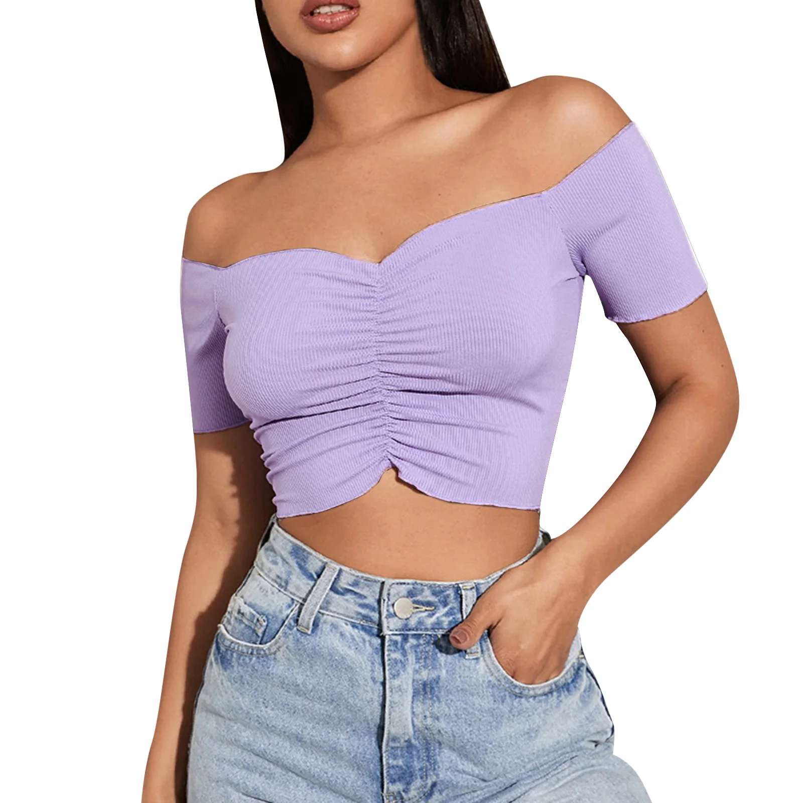 Off Shoulder Pleated Shirt Y2K Women Crop Tops Casual Black Femme Navel T-shirt V Neck Short Slim Tee Elegant Shirt Streetwear