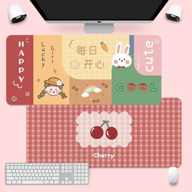 Large Extended Desk Mat Cute Cherry Pink Plaid Print Nonslip Base For Home Office Gaming Use