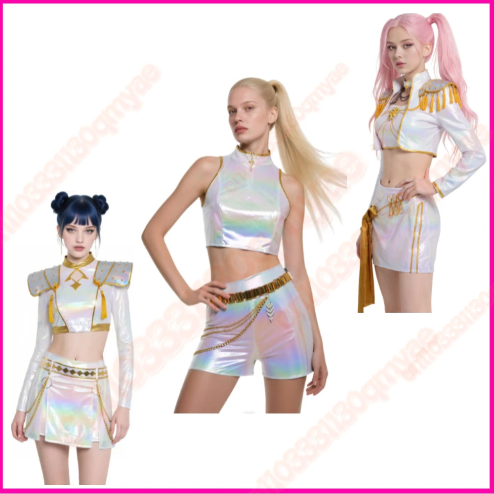 

Demon Hunters Golden Costume Cosplay POP Rumi Zoey Mira Golden Costume Wigs for Women White Outfit Set Halloween kids K POP Set