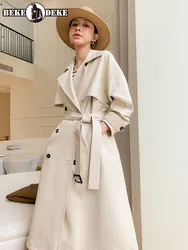 Women Medium Long White Trench Coat Sheepskin Real Leather Jackets Spring Autumn Loose Office Lady Double Breasted Windbreakers