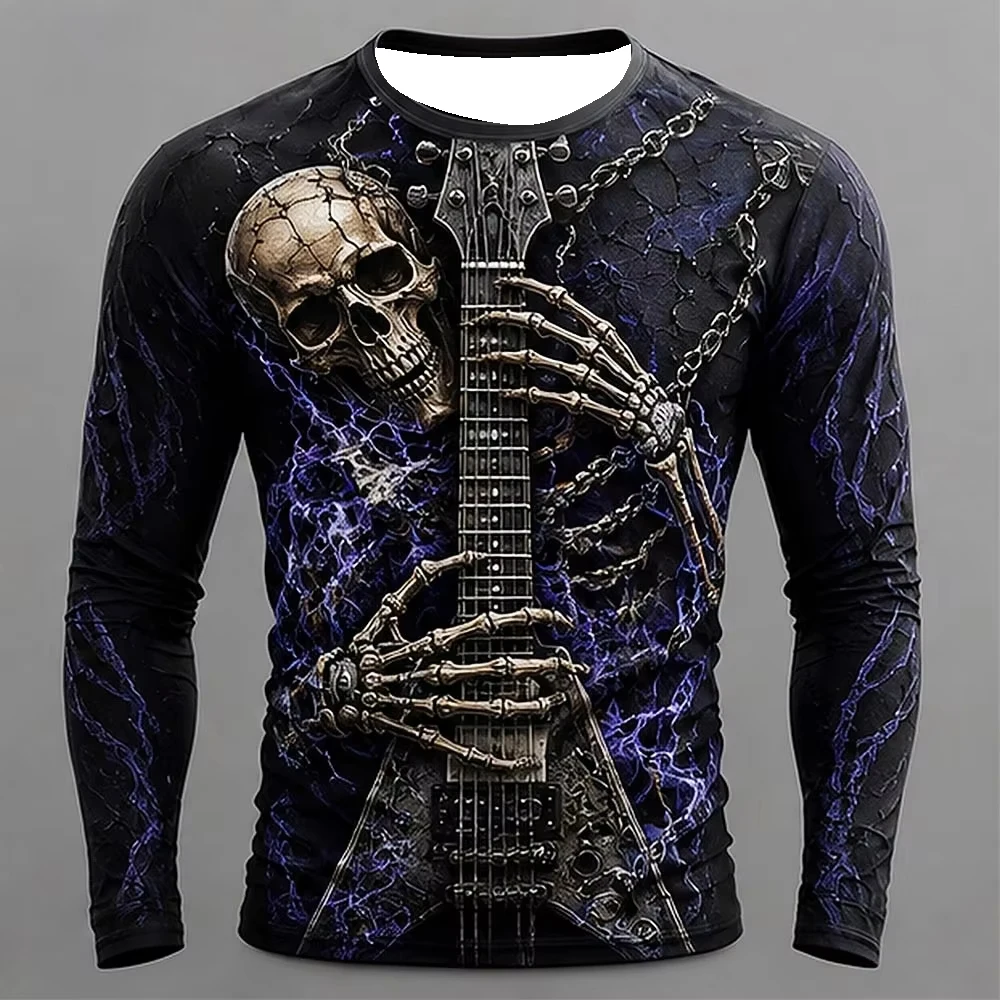 Vintage Skeleton Playing Guitar Rock Art Print Long Sleeve T Shirt Heavy Metal Rock Party Casual Family Matching Outfit Top