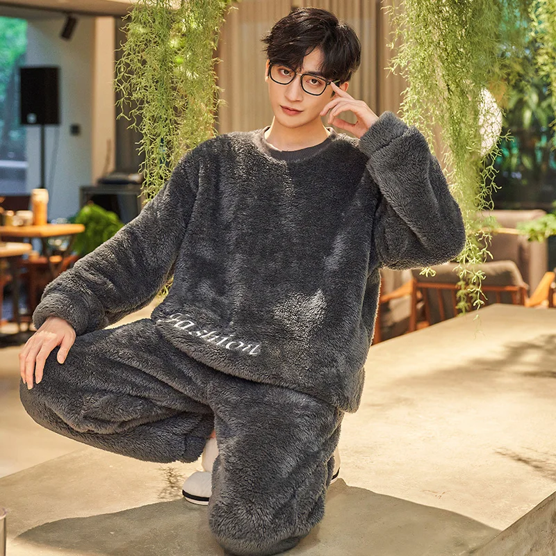 Men's Pajamas Thick Coral Fleece Autumn Winter Pyjamas Male Homme Pijamas Sleepwear Long-Sleeve O-Neck Pullover Lounge Sleep Set