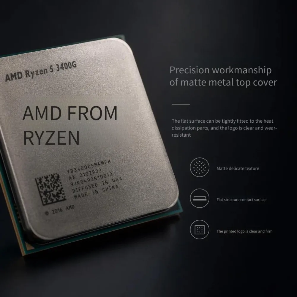 AMD Ryzen 5 3400G R5 3400G AM4 Socket Desktop CPU 4 Core 8 Thread 3.7GHz 4.2GHz Boost 4MB L2 8MB Without Cooler view 5