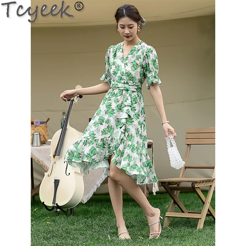 Tcyeek 100% Mulberry Silk Dress Women High-end Print Dress Elegant Women's Dress Fashion Summer Dresses 2024 Vestidos De Mujer