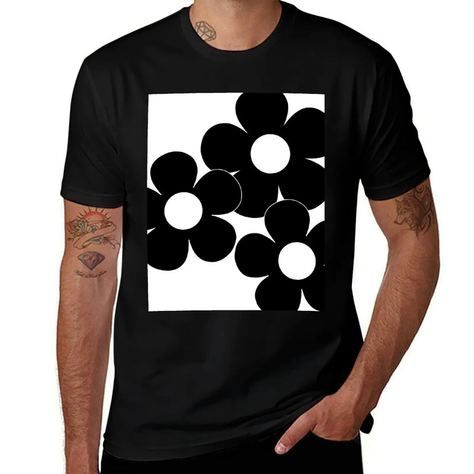 60's Flower Power Pop Flowers in Black and White T-Shirt graphics mens designer clothes