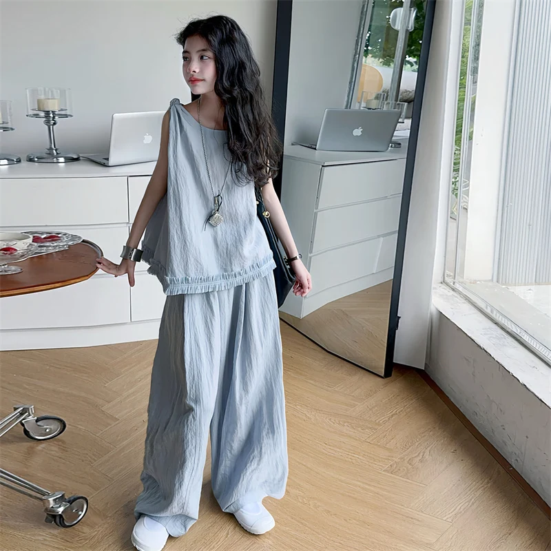 Children Clothes Girl Summer Minimalist Casual Versatile Sleeveless Top And Wide Leg Pants 2026 Loose Comfortable Breathable