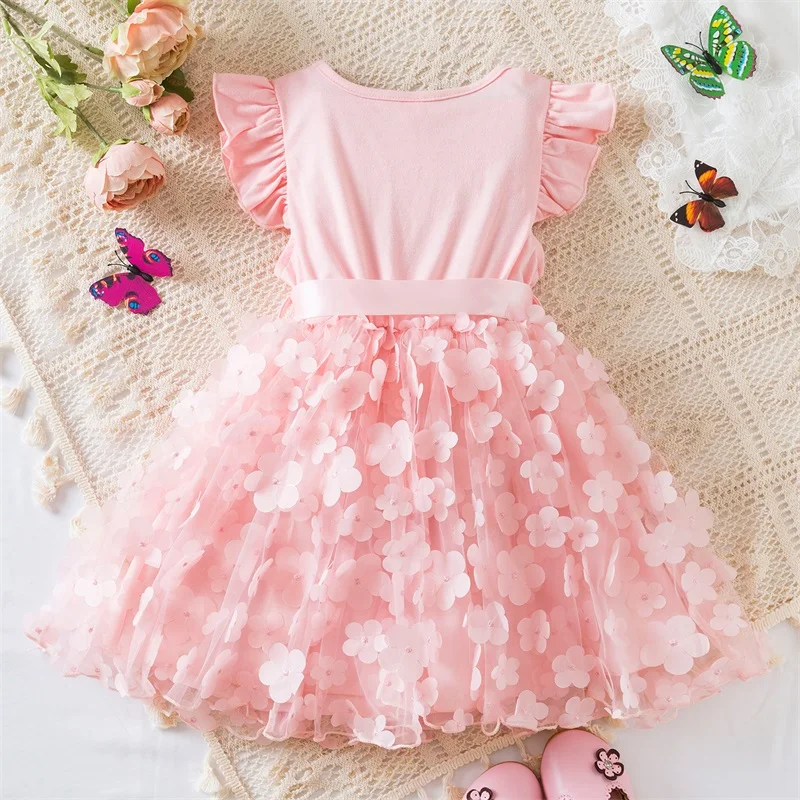 2024 New Summer Dress for Baby Girls 2-6 Years 3D Butterfly Fly Sleeves Kids Birthday Princess Dress Elegant Wedding Party Dress