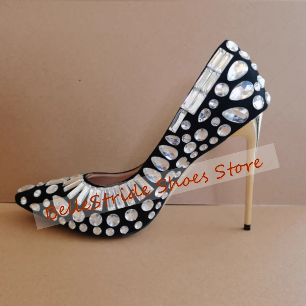 حذاء نسائي أسود بمقدمة مدببة كريستالي ضحلة حذاء نسائي أنيق بكعب عالي للحفلات والولائم والمواعدة 2025 Zapatos Para Mujere