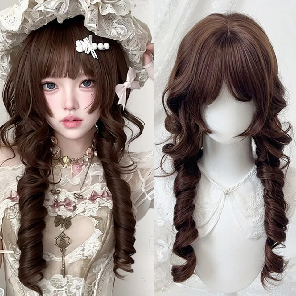 Synthetic Brown Wigs Cosplay Wig Long Curly Lolita Bangs Wigs Heat-Resistant Fiber Natural Fluffy Wig for Daily Party