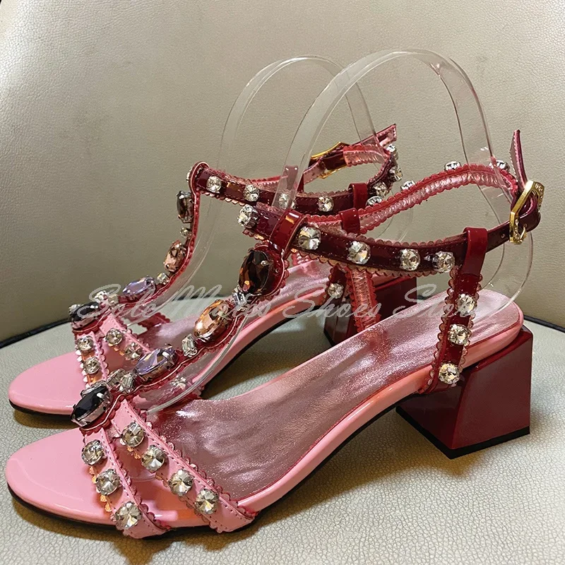 

Pink Crystal T-Strap Open Toe Sandals Summer Luxury Buckle Chunky Heel Dress Shoes Gem Decoration Daily Wear Woman Footwear