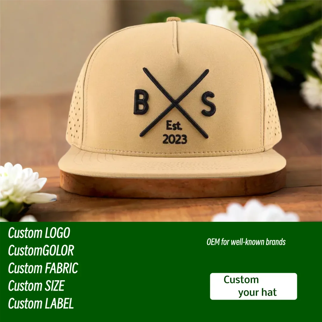 Custom 5-Panel 3D Embroidered Logo Perforated Flat Brim Golf Cap Wholesale Plain Weave Laser-Cut Hole Snapshot Baseball Cap