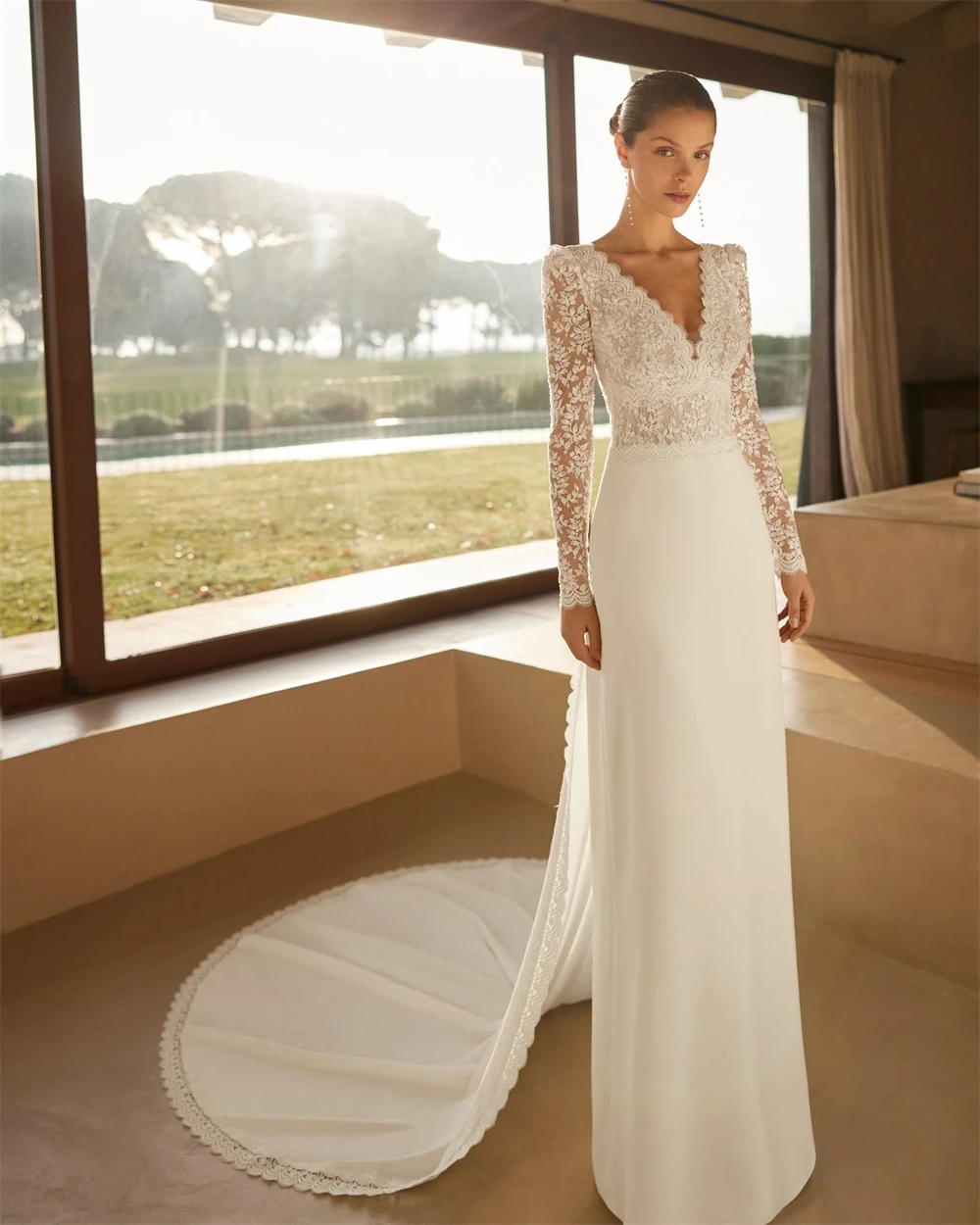 

Сексуальное белое атласное свадебное платье по индивидуальному заказу, официальное свадебное платье с v-образным вырезом и длинными рукавами, мягкое прямое платье со шлейфом, Vestido De Novia