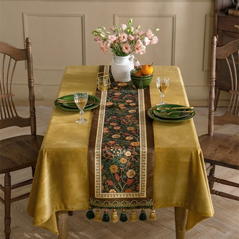 Vintage Dark Floral Jacquard Table Runner with Double Color Tassels, Retro Farmhouse Dining Cabinet TV Console Decor Tablecloth