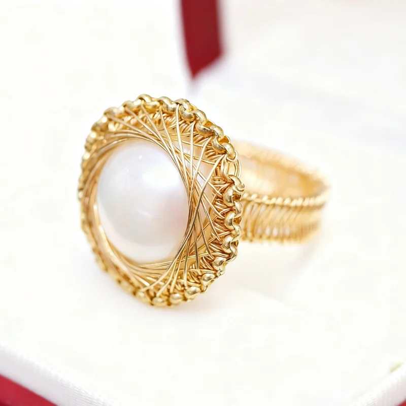 SGARIT 14K Gold Filled Big Natural Mabe Sea Pearl Ring Vintage Elegant Jewelry for Women Luxury Shell Pearl Engagement Gift