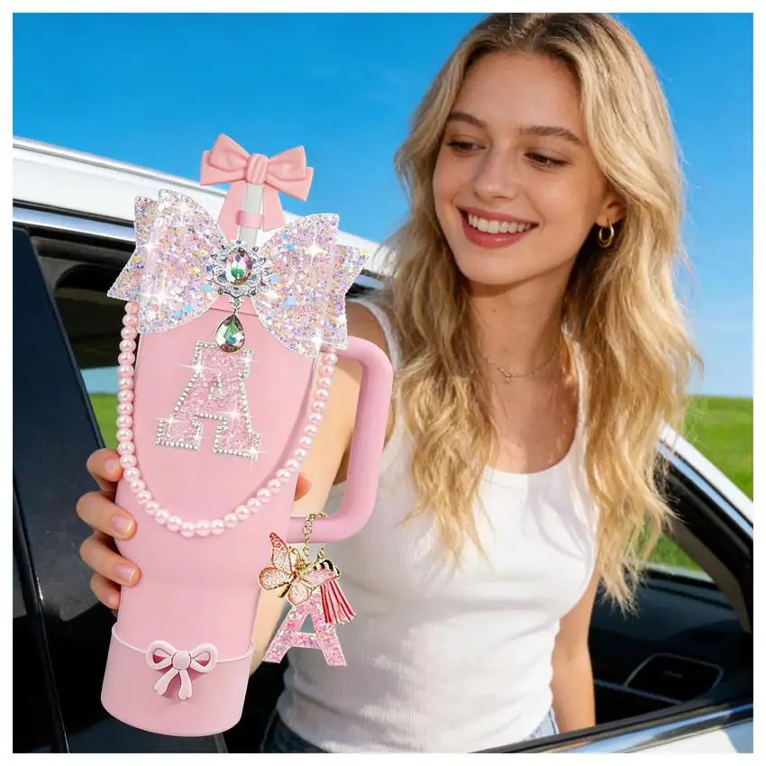 Pink Bow Straw Topper Letter Charms Accessories Set with Silicone Boot Handle Strap Pearl Keychain And Pearl Handle for Stanley