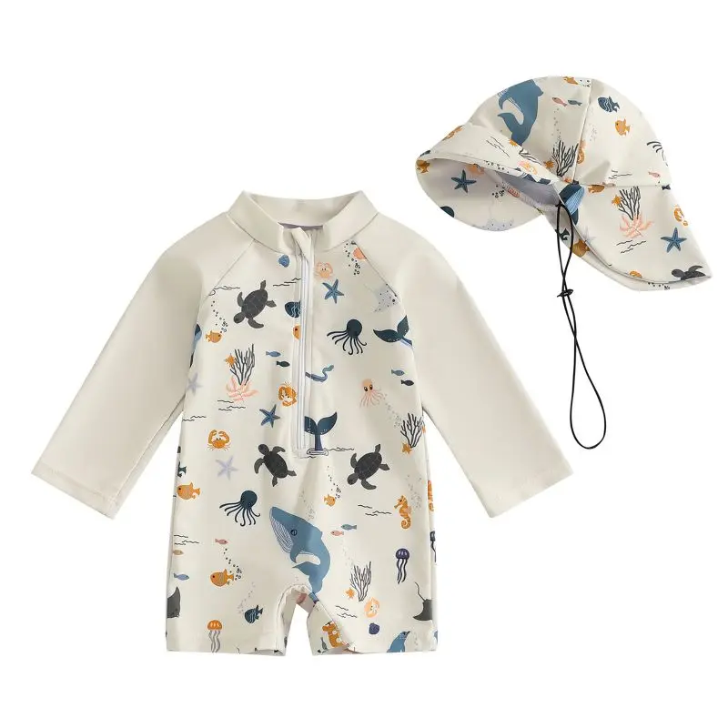

0-3 Years Baby Boy Girls Rash Guard Swimwear Infant Bathing Suits Toddler Cartoon Print Long Sleeve Zipper Swimsuits with Hat