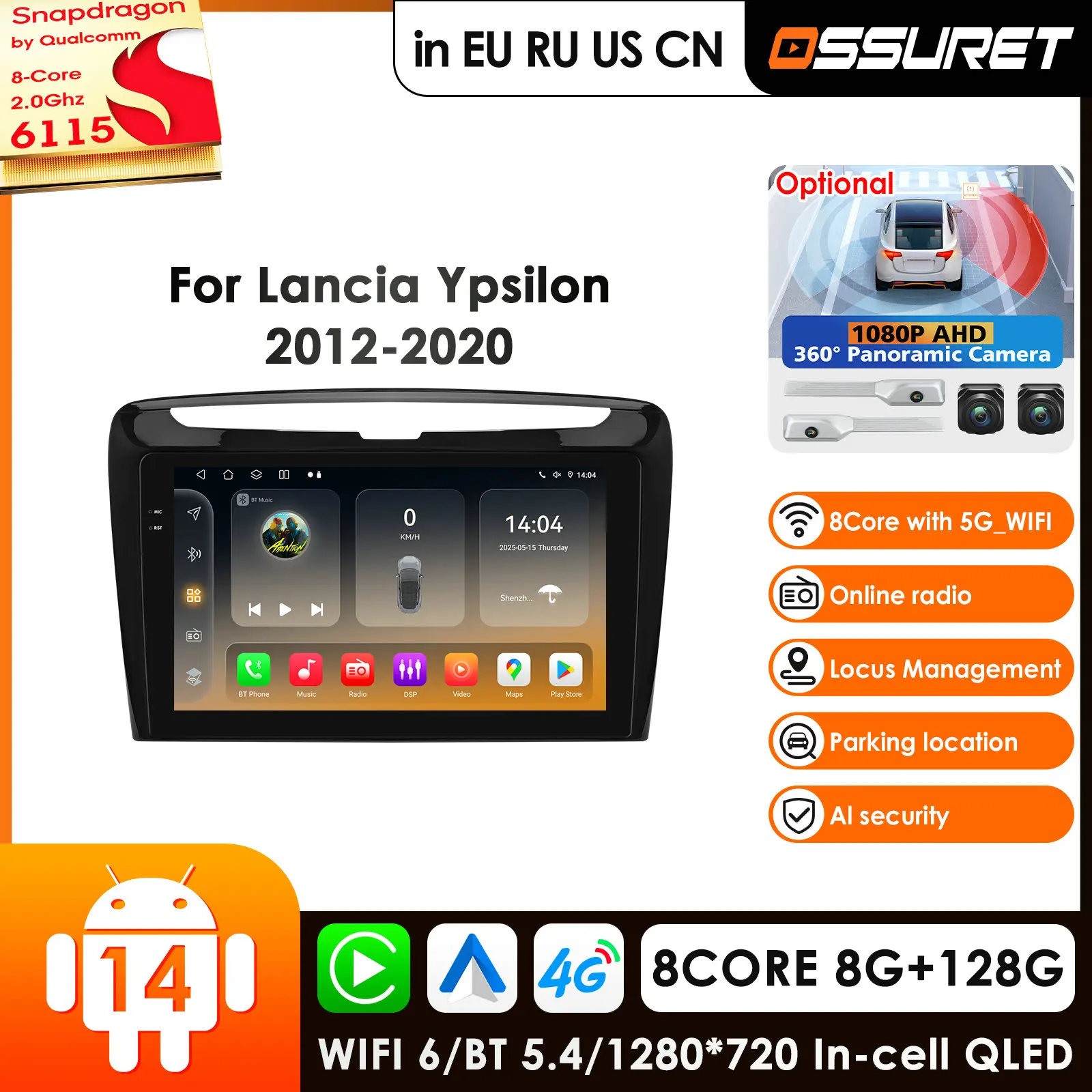 

OSSURET Carplay 4G-LTE 360Cam Carplay Android Автомобильный радиоприемник для Lancia Ypsilon 2012-2020 Автомобильный мультимедийный плеер GPS Авто Стерео RDS