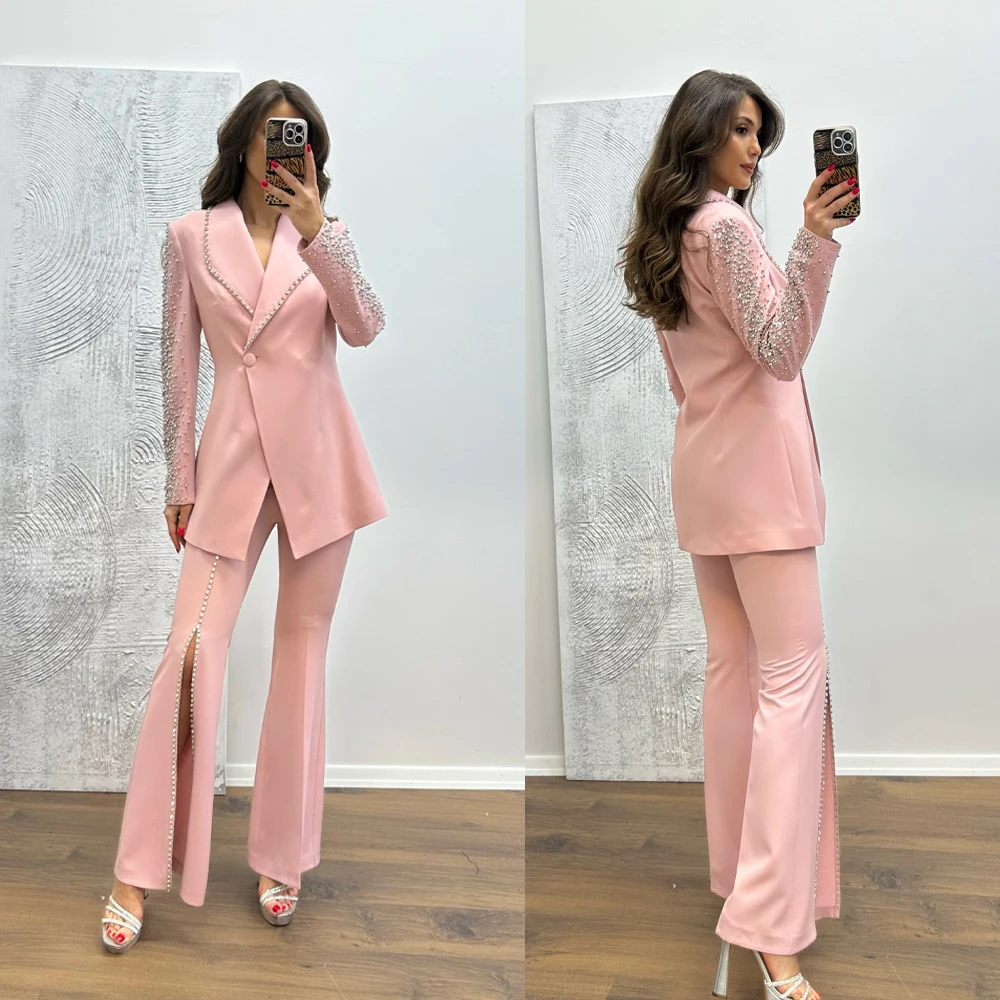 Elegant Women's Dresses Suit Gowns Beads Lapel One Button Jacket And Pants For Female Satin 2 Pieces Suit Customized