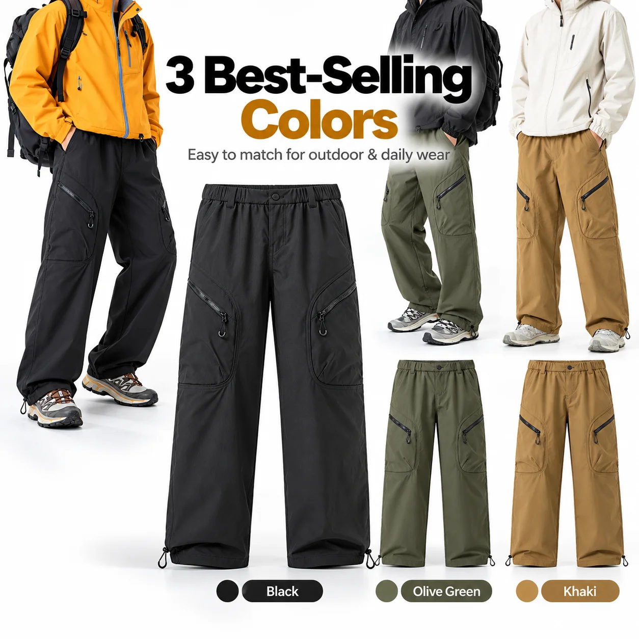 Men Outdoor Cargo Pants Lightweight Quick Dry Multi Zipper Pocket Elastic Waist Drawstring Hem Loose Straight Hiking Casual Pant