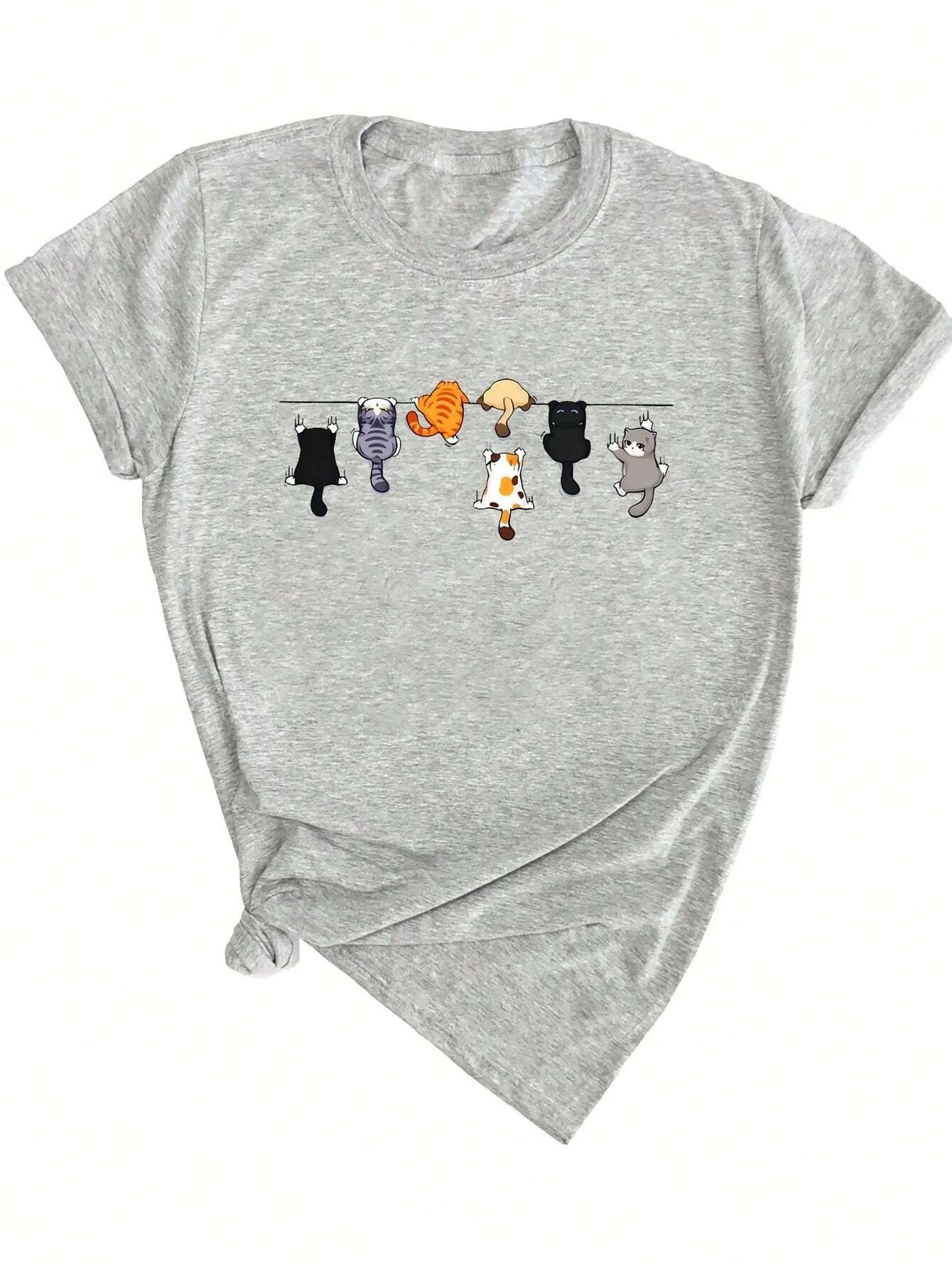 Women's Cute Cat Print Round Neck Short Sleeve Casual T-Shirt White Short Sleeve with Unique Cat Print Clothing Tee Female Tops