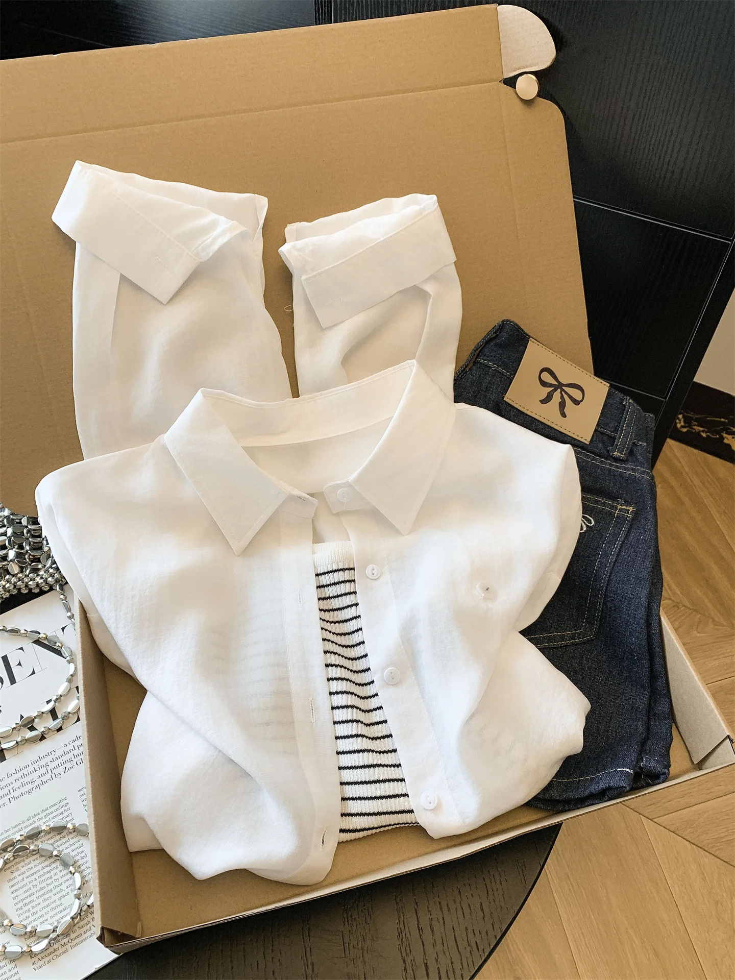 

Loose Long Sve Sun Protection irt Women's Thin Cotton Blend Blend Two-Piece Set Lazy Sle Commute Korean Version Stripe...