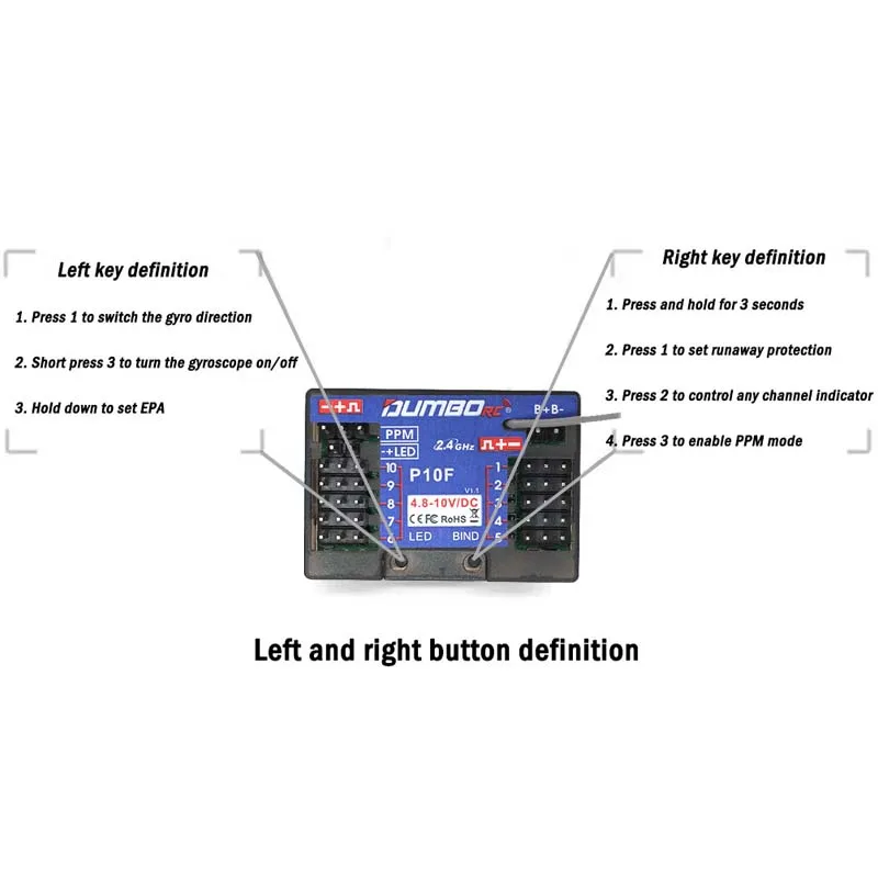 DUMBORC 10CH レシーバー P10F P10FG 2.4G ジャイロ電圧リターン X10P350 X6PM-350 DDF350 送信機リモコンカーボートタンク用