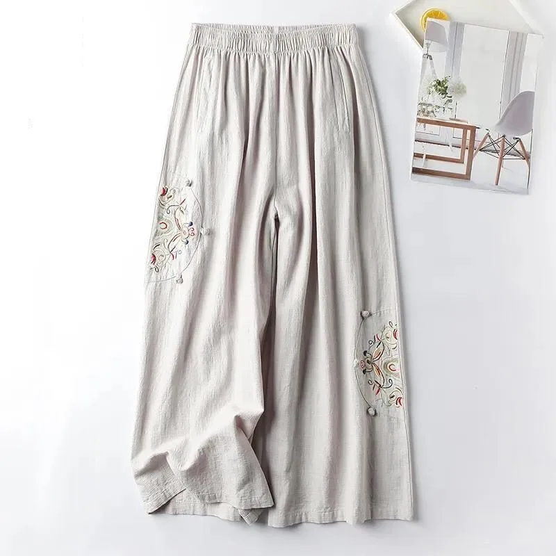 Vintage Folk Summer Cotton Hemp Thin Style Embroidery Women\'s Elastic Waist Frog Casual Loose Wide Leg Ankle Length Pants