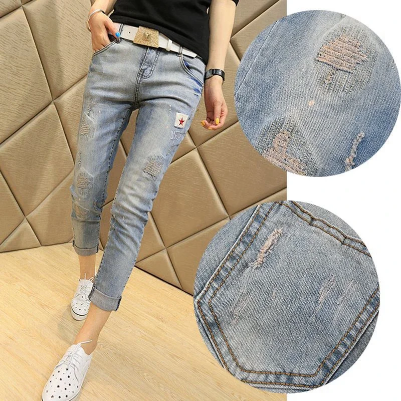 

Y2k2023 New Summer Thin Ripped Jeans Female Nine Points Small Tall Waist Thin Feet Haren Pants Tide