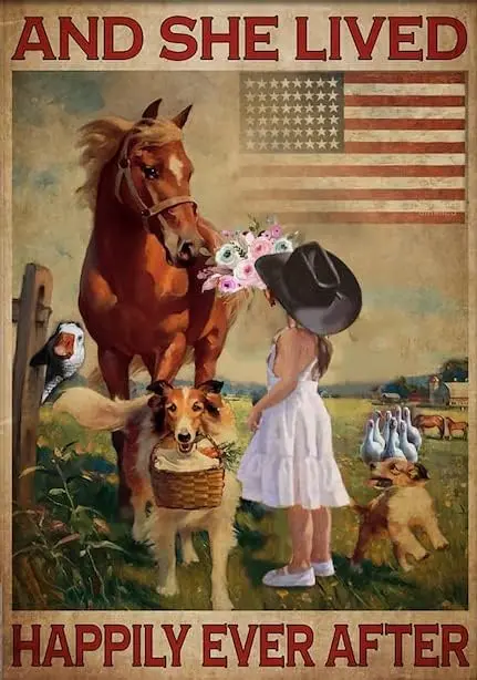 Little Girl with Dogs and Horses Sign She Lived Happily Ever After Farmhouse American Vintage Poster Dog Horse Lovers Gift Plaqu