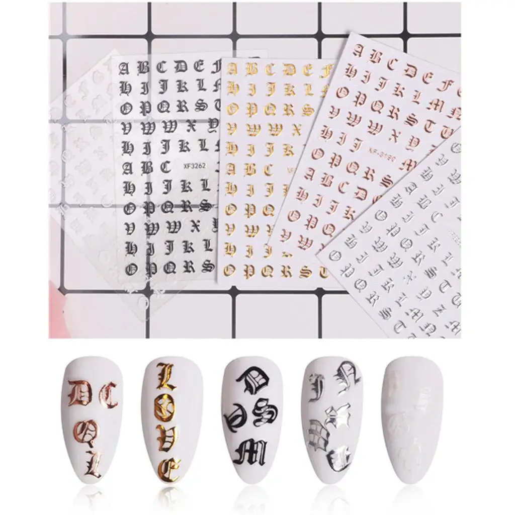 Confezione da 5 adesivi adesivi per nail art, lettere dell'alfabeto, decalcomanie, stencil per
