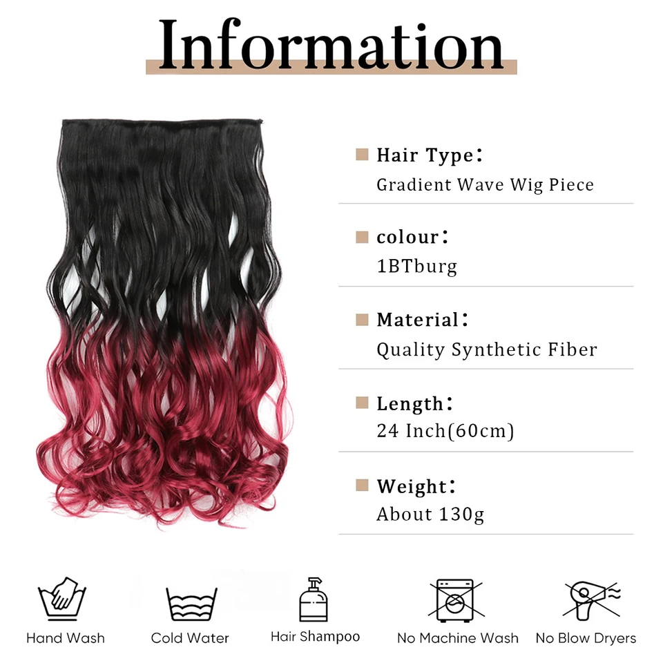 Extensión de cabello rizado largo con clips de 24 pulgadas, ombre de dos tonos, sintética gruesa (negro a rojo oscuro) 4