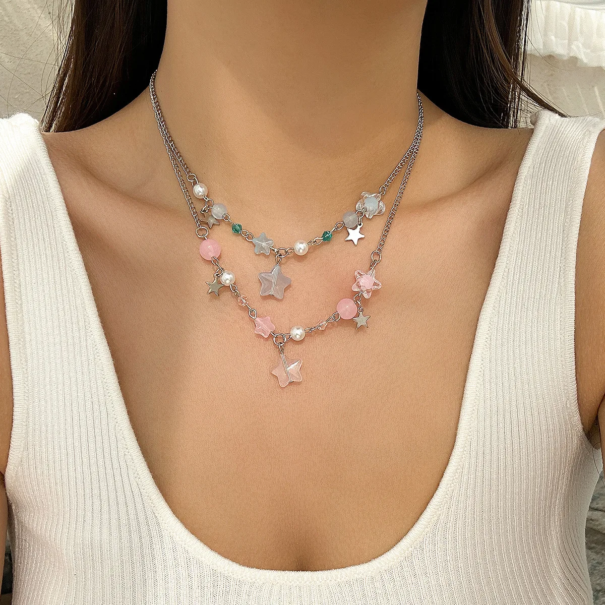 Star Pendant Choker Necklace Faux Pearl Beaded Metal Round Beads Chunky Bold Hip Hop Style Lightweight Durable for Daily Night