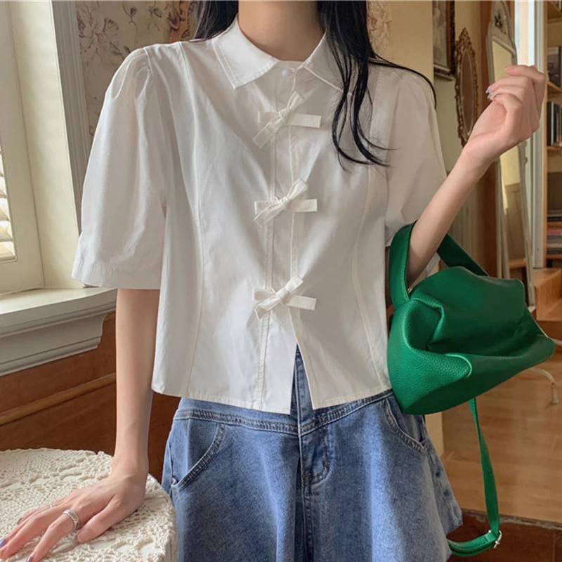 MEXZT Y2K Sweet White Shirts Women Preppy Bow Puff Short Sleeve Chic Blouses Student Summer Korean Solid Loose Casual Crop Tops