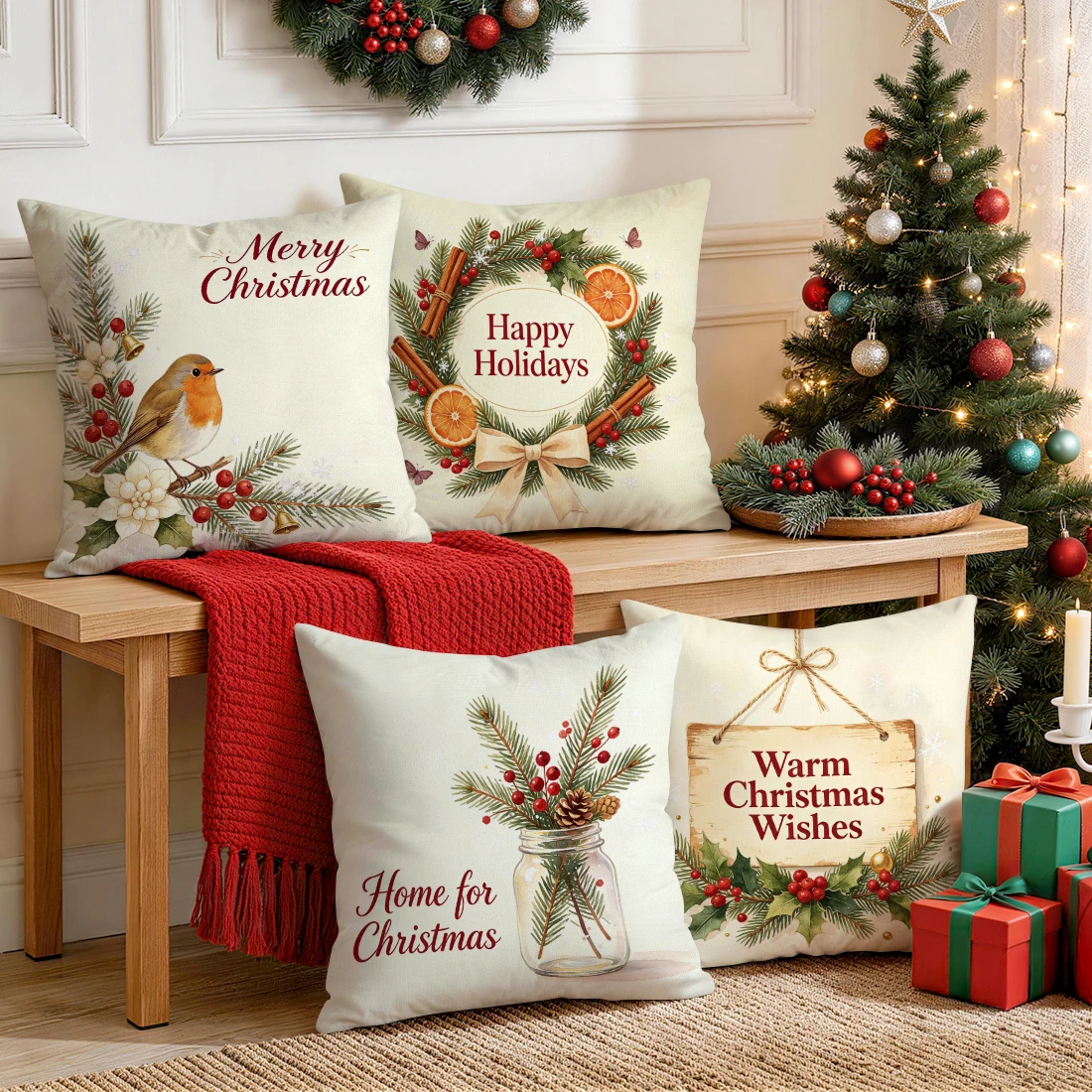 Vintage Christmas Card Pillowcase Printed Polyester 40/45/50cm Throw Pillowcover Decorative Sofa Cushion Pillowslip Home Decor