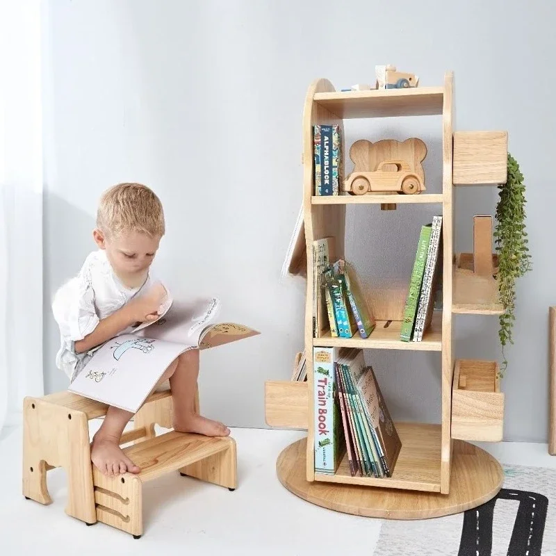 ins360-degree simple children's rotating storage solid wood bookshelf floor-to-ceiling picture book
