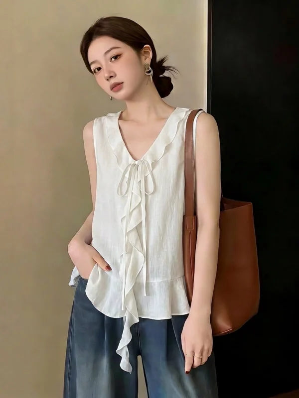 Women's V-neck Sleeveless Vest Summer New Style Large Size Frock Coat Outerwear Beautiful Lace Hemline Casual Wear