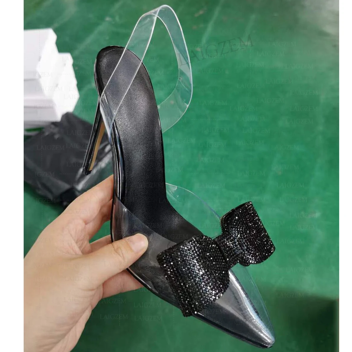 

DOHBANER Women Pumps Clear PVC Pointy Toe Slingbacks Thin High Heels Dress Party Prom Handmade Shoes Woman Big Size 38 41 44 47