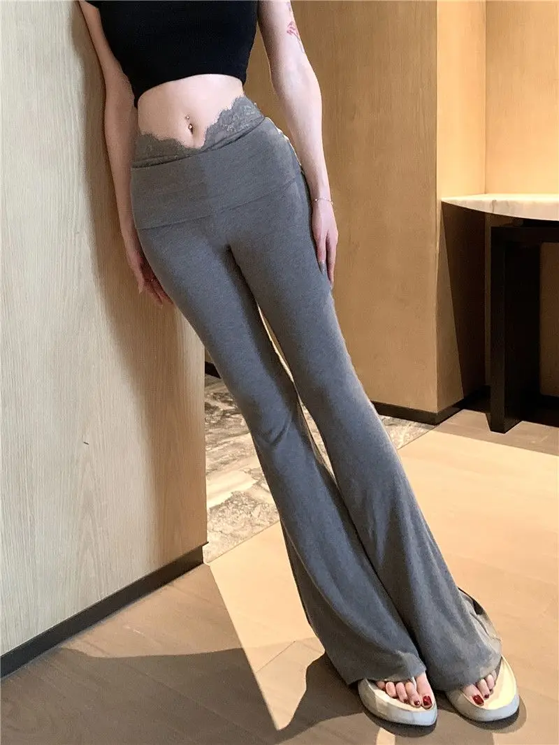 Kubiliv Ballet Lace Aesthetic Splicing High Waist Slim Slim Bell-bottom Pants Drape Micro Casual Pants Commuting