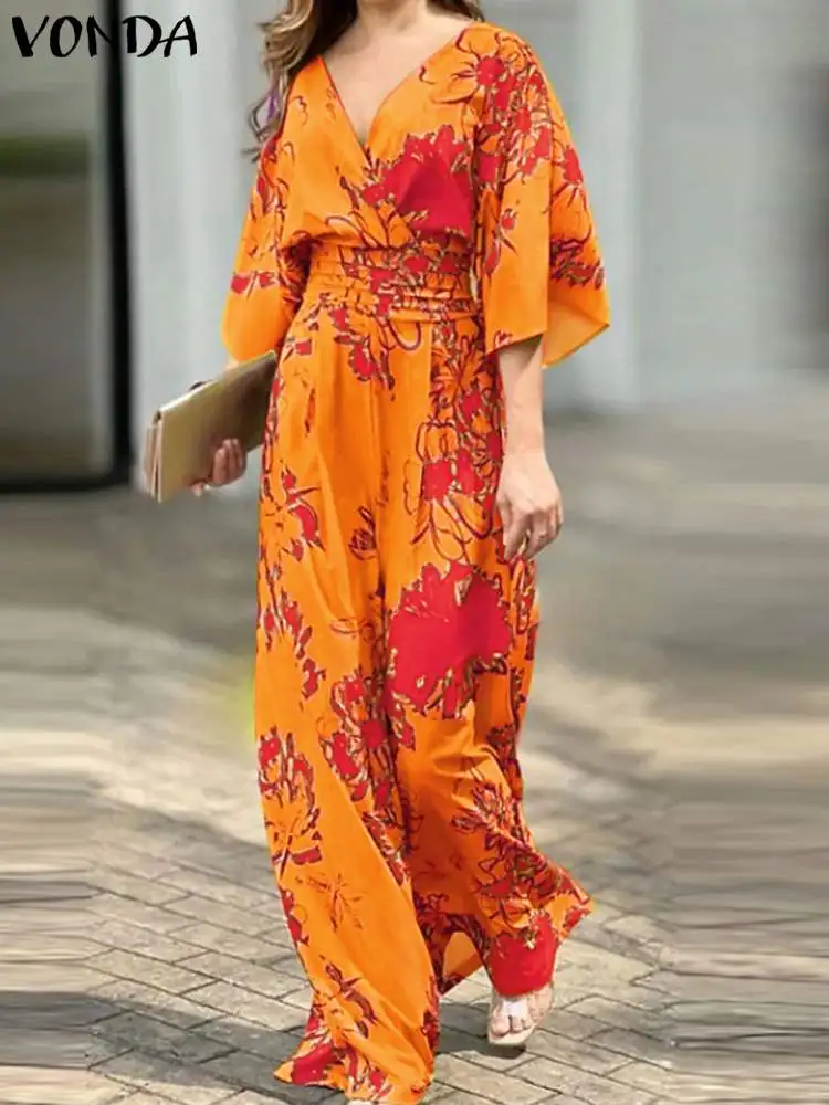 Plus Size Jumpsuits Women VONDA Summer Printed Long Romper 2024 Sexy V-Neck Flare Sleeve Casual High Elastic Waist Playsuits