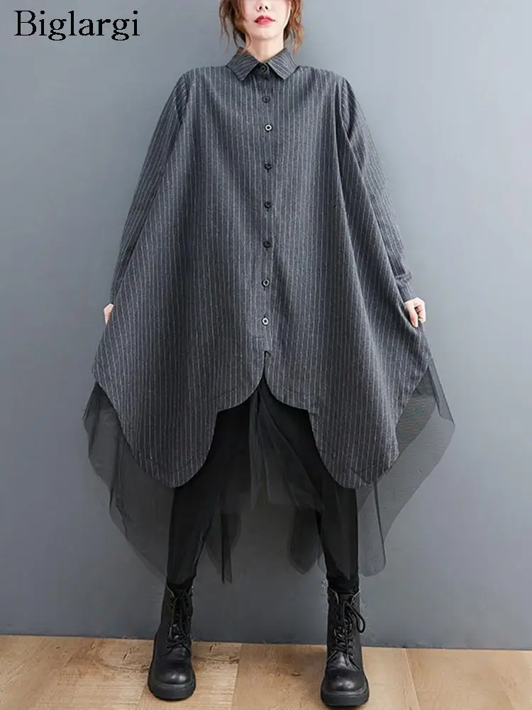 Oversized mesh gestreepte shirtjurk dames shirts met lange mouwen losse casual onregelmatige damesjurken mode vrouw jurk
