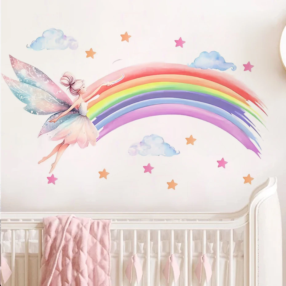 Cartoon Elf Girl Rainbow Wall Sticker Girls Room Cloud Elf Wall Sticker Children\'s Bedroom Decor Wallpaper Self-adhesive Decals