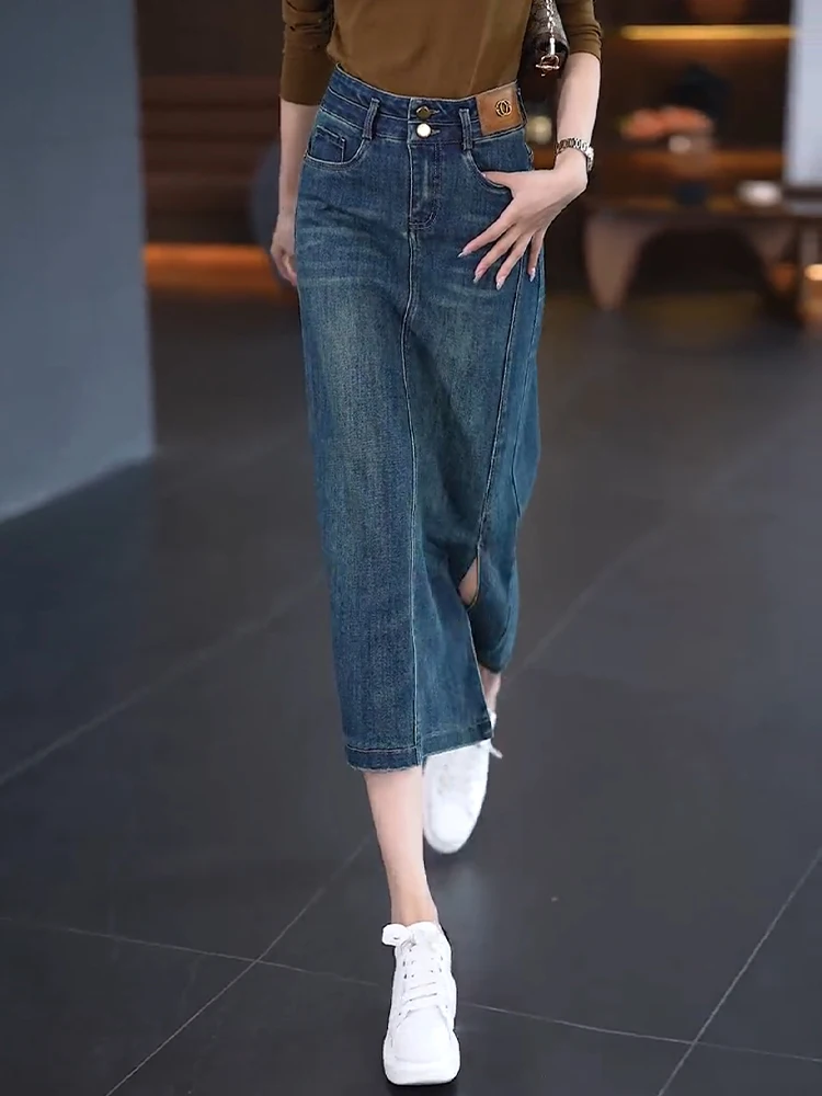 

Retro High Waist Midi Straight Leg Jeans Skirt Women's Spring Autumn New Style Slimming Split One Step Skirt Casual Cotton Blend