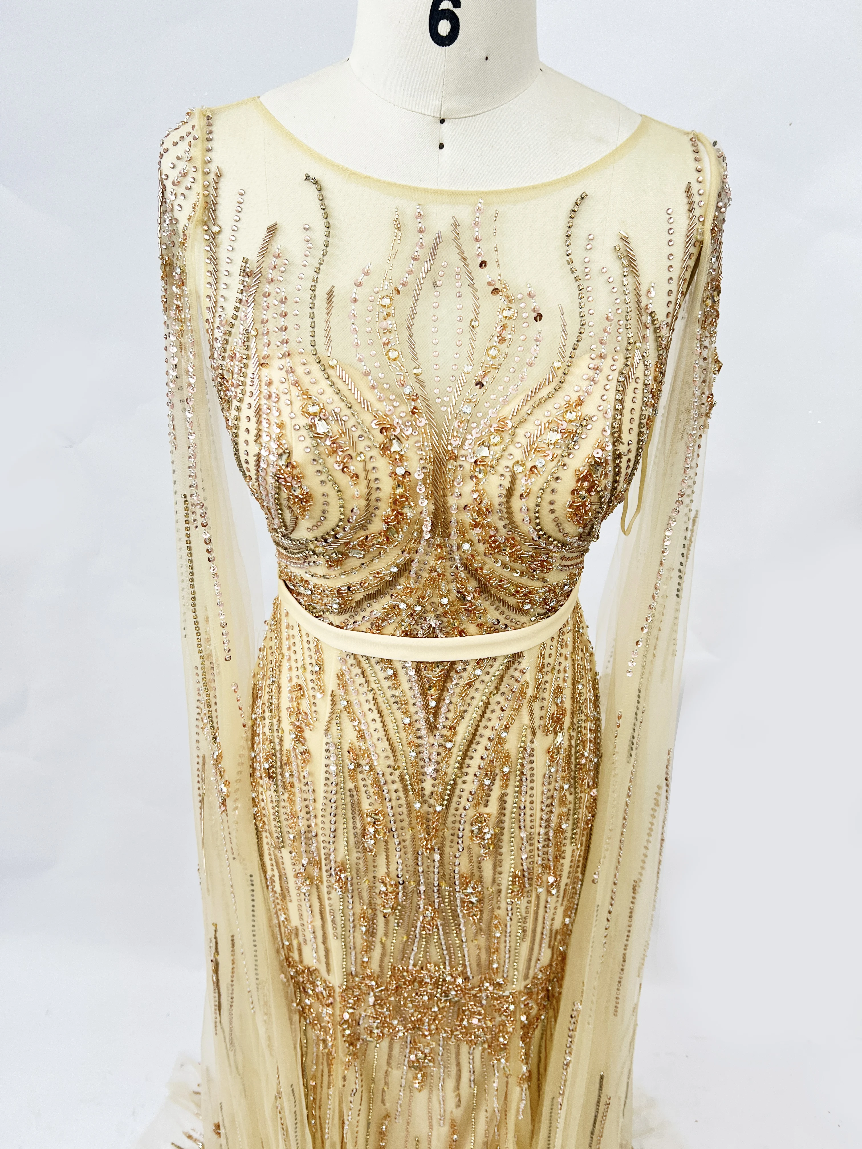 New Arrived Gold Beaded Cape Sleeves A-Line Evening Dresses Best Price Full Length Formal Party Gowns for Women