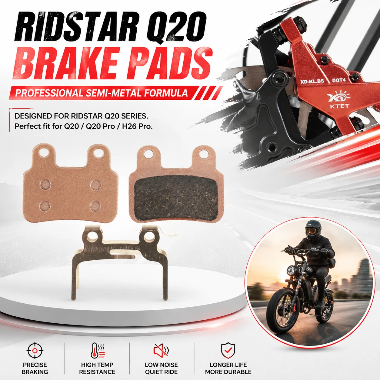 Ridstar Q20 Brake Pads Semi-Metallic Long Distance for Bopzin Q8 M2000 C21 M22 Freego X2 KTET XD-KL.BS Hydraulic