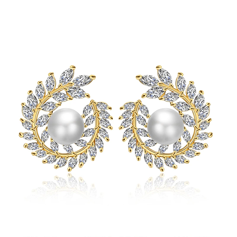 ZAKOL Luxury Simulated Pearl Bridal Stud Earrings with Cubic Zirconia for Women Fashion Leaf Wedding Jewelry EP2358