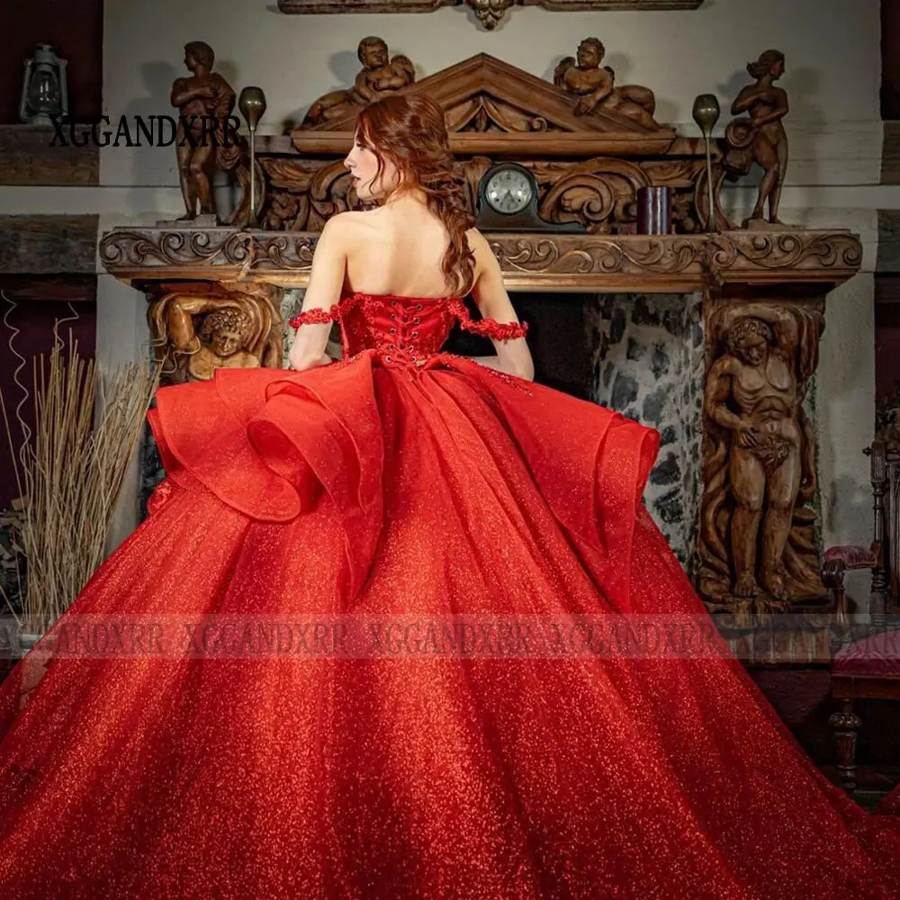 Rotes Ballkleid-Partykleid 2024, herzförmiges Mexiko-Schichten-Pailletten-Quinceanera-Kleid, Prinzessin Sweet 16, individuell gestaltet