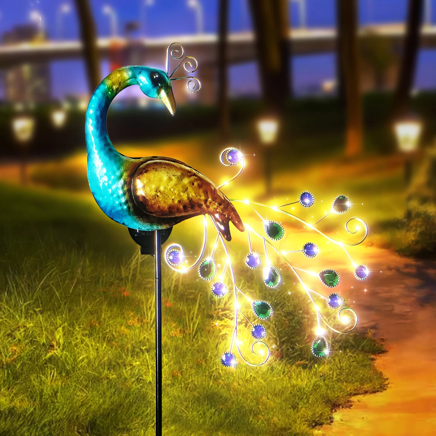 

1 PC Solar Peacock Garden Light Metal Handicraft with Artificial Gems Outdoor Decorative Lighting for Garden Paths
