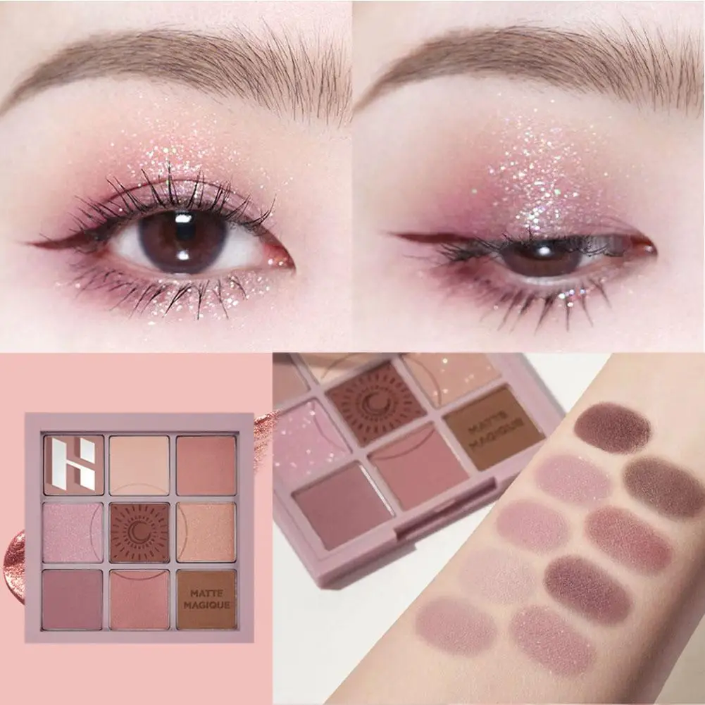 Paleta de sombras de ojos, 9 colores, rosa, Nacarado, mate, brillante, pigmentos, brillo, H4G0