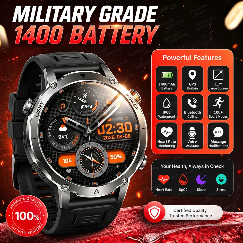 

1400mAh Battery Military Smart Watch Men GPS Path 1.7" AMOLED Bluetooth Calling IP68 Waterproof Sport Voice Assistant Smartwatch